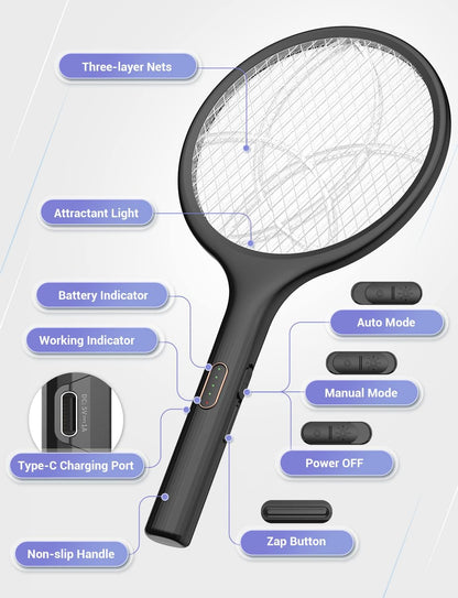 YISSVIC Electric Fly Swatter 4000V Bug Zapper Racket Dual Modes Mosquito Killer with Purple