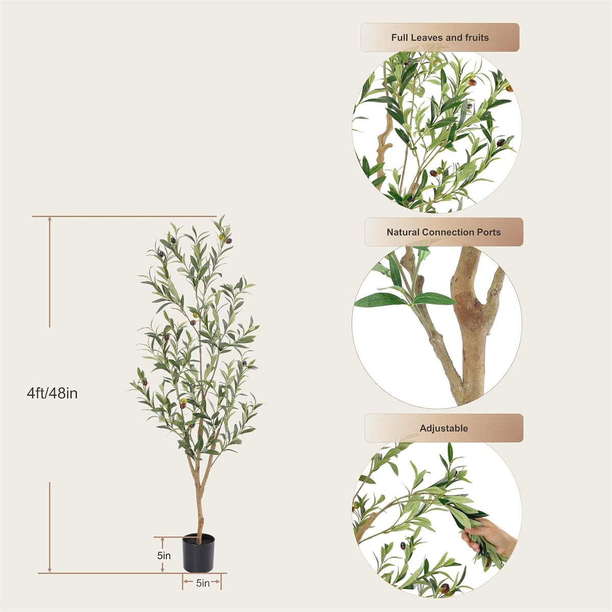 Bellacat Faux Olive Tree 4ft，Olive Trees Artificial Indoor with Natural Wood Trunk and Realistic