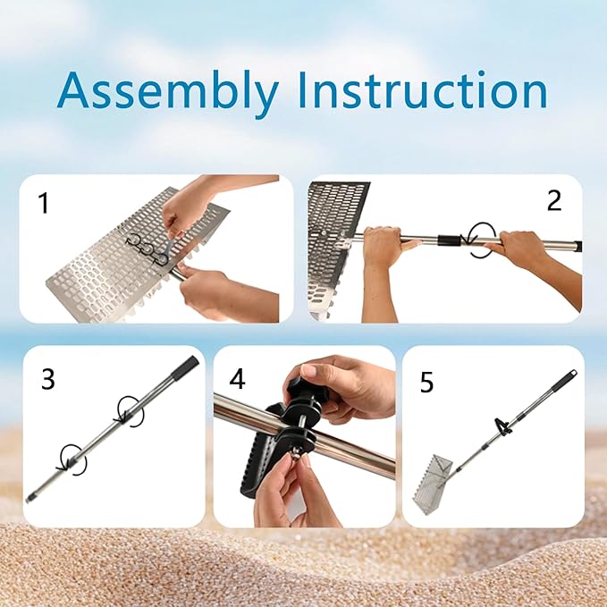 Sand Flea Rake Set, Sand Sifter for The Beach, Stainless Steel Shark Tooth Sifter, with 16" Width