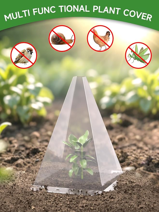 20 Pack Garden Cloches for Plants - Clear Reusable Plastic Seedling Covers with 40 Metal Stakes