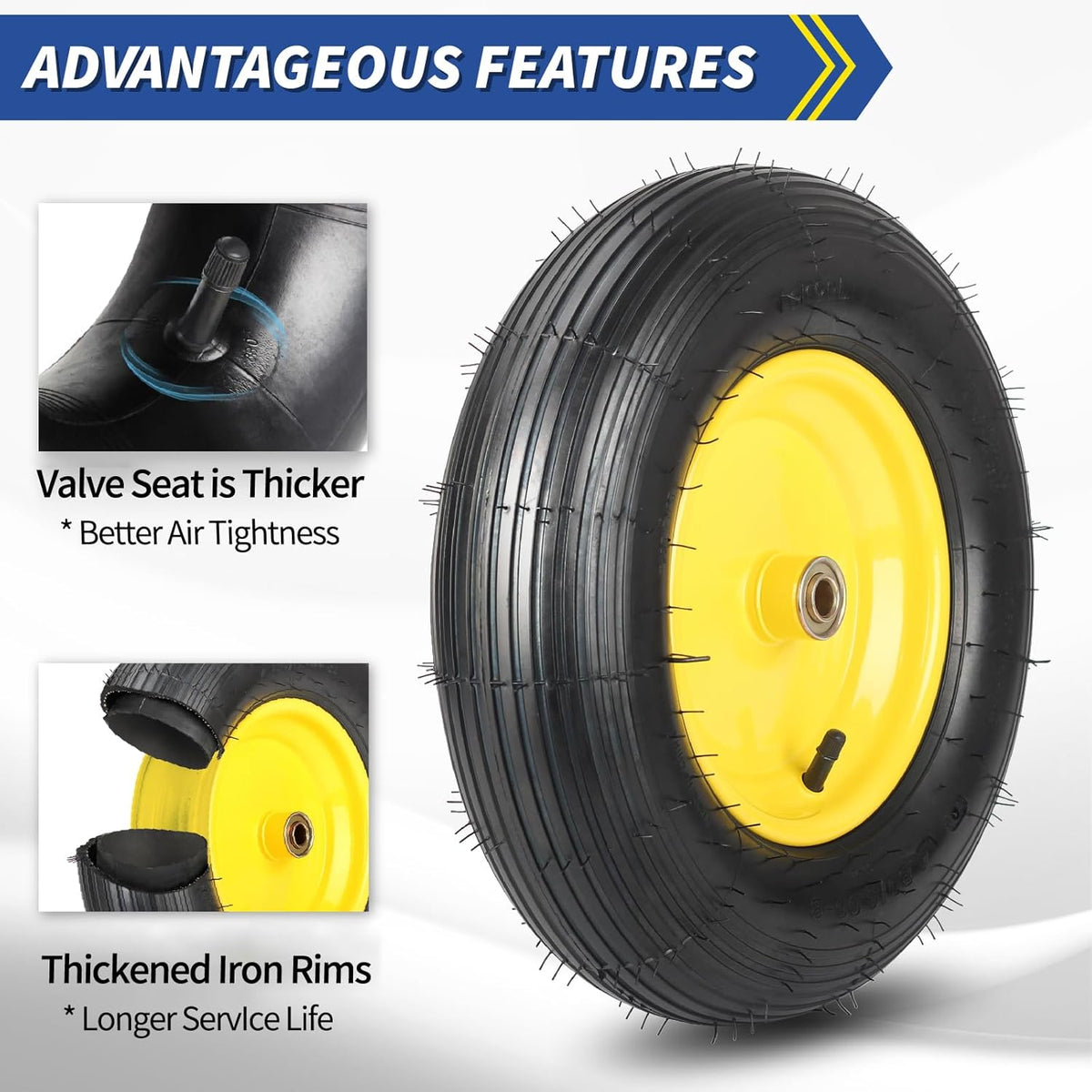 (2 Pack)4.80/4.00-8 Wheelbarrow Tire and Wheel, 16" Rubber Pneumatic Wheel, 3" -6" Centered Hub