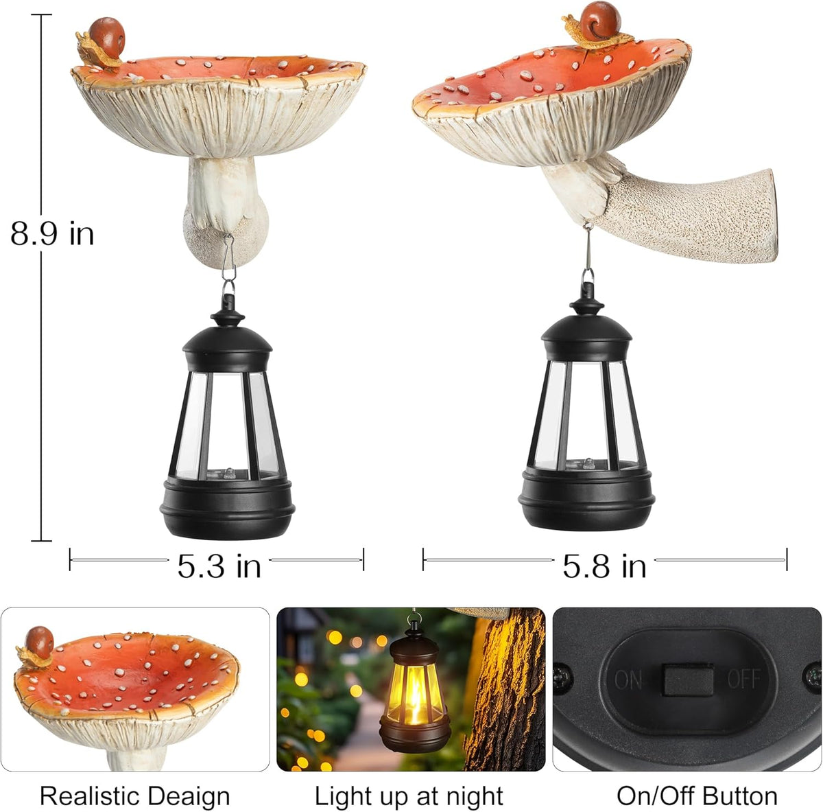 Mushroom with Snail and Lantern Cute Solar Statue Light Garden Decoration Resin Decoration Painted