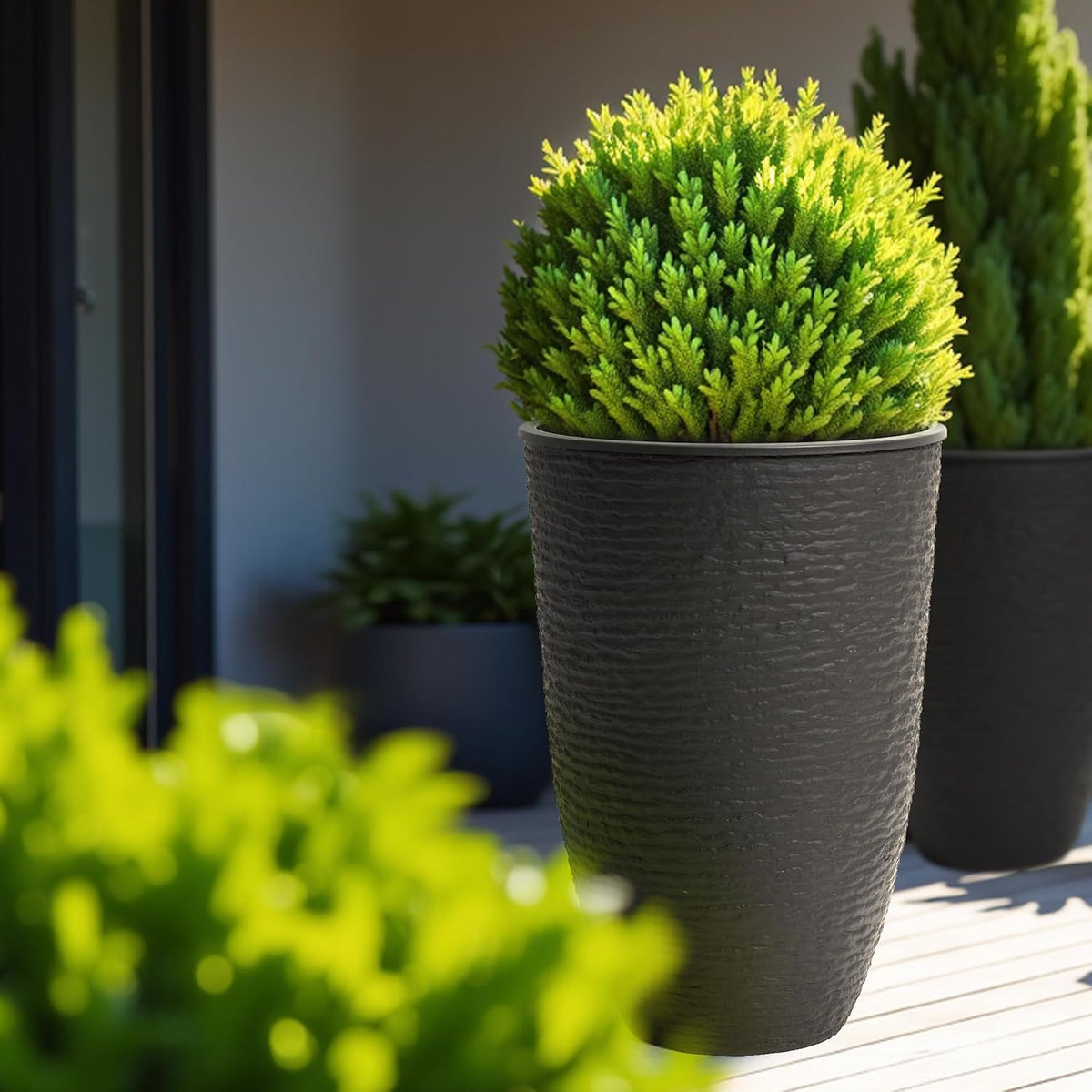 WORTH Garden 2-Pack 21" H. Black Tall Planters with Inside Pots - 14'' Dia Plastic Large Round