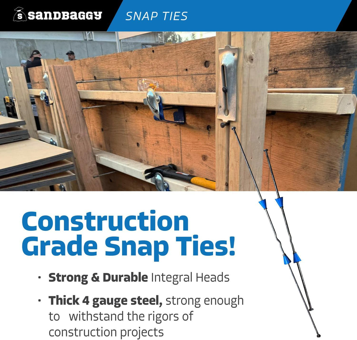 8" Standard Snap Ties for Concrete Forms - 1" Plastic Cones, Integral Heads - 2:1 Safety Factor