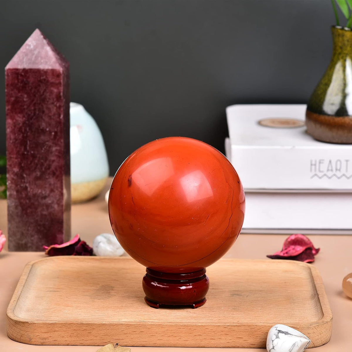 JIC Gem Red Healing Crystal Ball with Decoation Stand - Red Jasper Gemstone Sphere for Fengshui