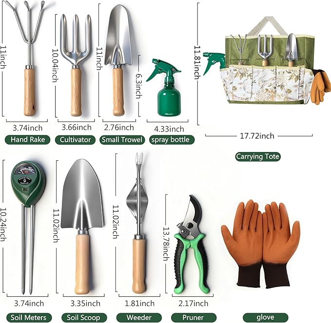 Garden Tool Set,10 Pcs Heavy Duty Gardening Hand Tools Set with Soil Moisture Meter and Storage
