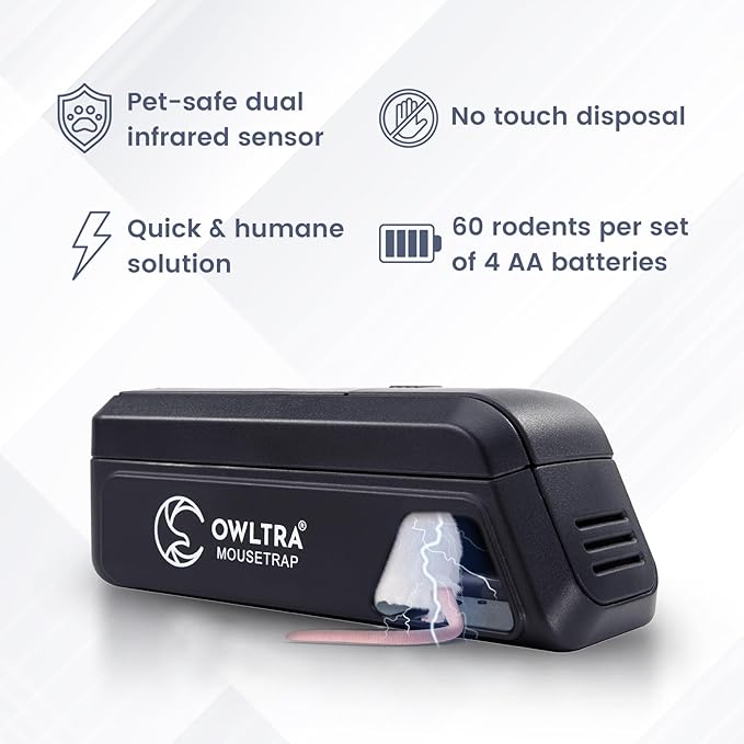 OWLTRA Indoor Electric Mouse Trap, Instant Eliminate Rodent Zapper with Pet Safe Trigger, Black