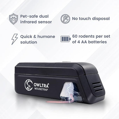 OWLTRA Indoor Electric Mouse Trap, Instant Eliminate Rodent Zapper with Pet Safe Trigger, Black