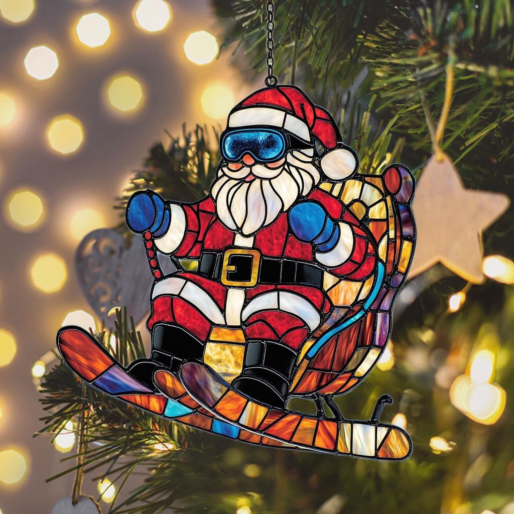 Funny Santa Claus Skiing Acrylic Suncatcher Stained Glass Effect Window Car Hanging Christmas