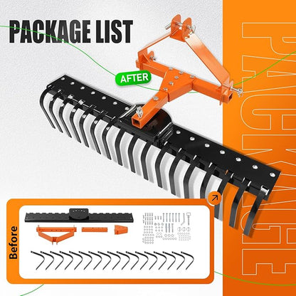KUAFU 50" 3 Point Landscape Rock Rake for Category-0 Cat-0 Tractor with 360° Rotation Replaceable