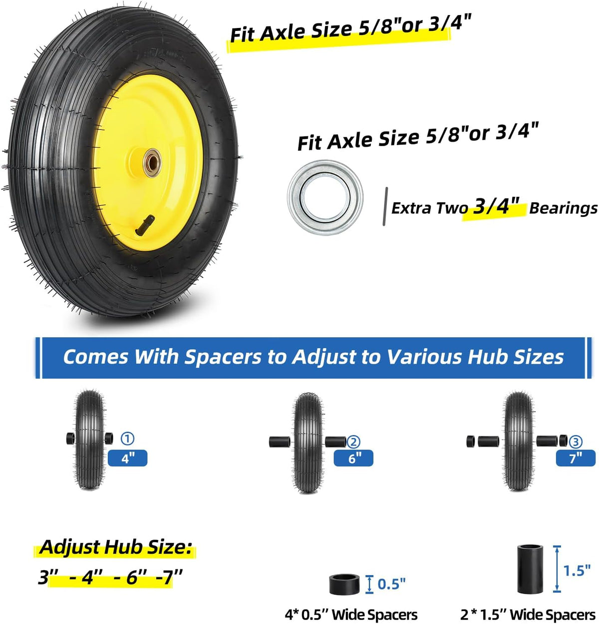 (2 Pack)4.80/4.00-8 Wheelbarrow Tire and Wheel, 16" Rubber Pneumatic Wheel, 3" -6" Centered Hub
