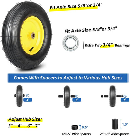 (2 Pack)4.80/4.00-8 Wheelbarrow Tire and Wheel, 16" Rubber Pneumatic Wheel, 3" -6" Centered Hub