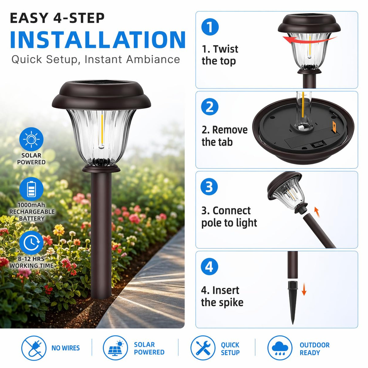 DERAYSION 8 Pack Solar Lights Outdoor, Stainless Steel Glass Solar Pathway Lights, Auto On/Off