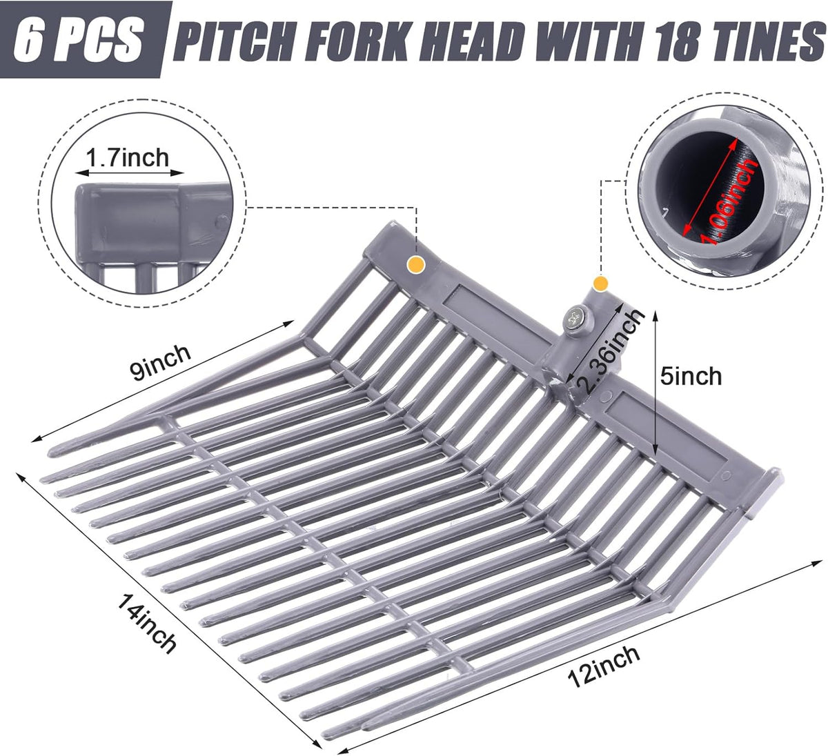 Lasnten 6 Pcs Manure Fork Head Bulk 18 Tines Pitch Fork Replacement Head with Screws and Nuts