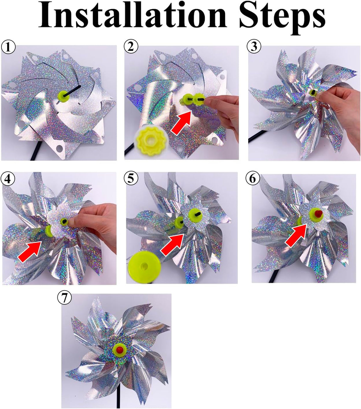 Sparkly Reflective Pinwheels with Stakes, Colorful Wind Spinners Outdoor Bird Scare Devices, Foil