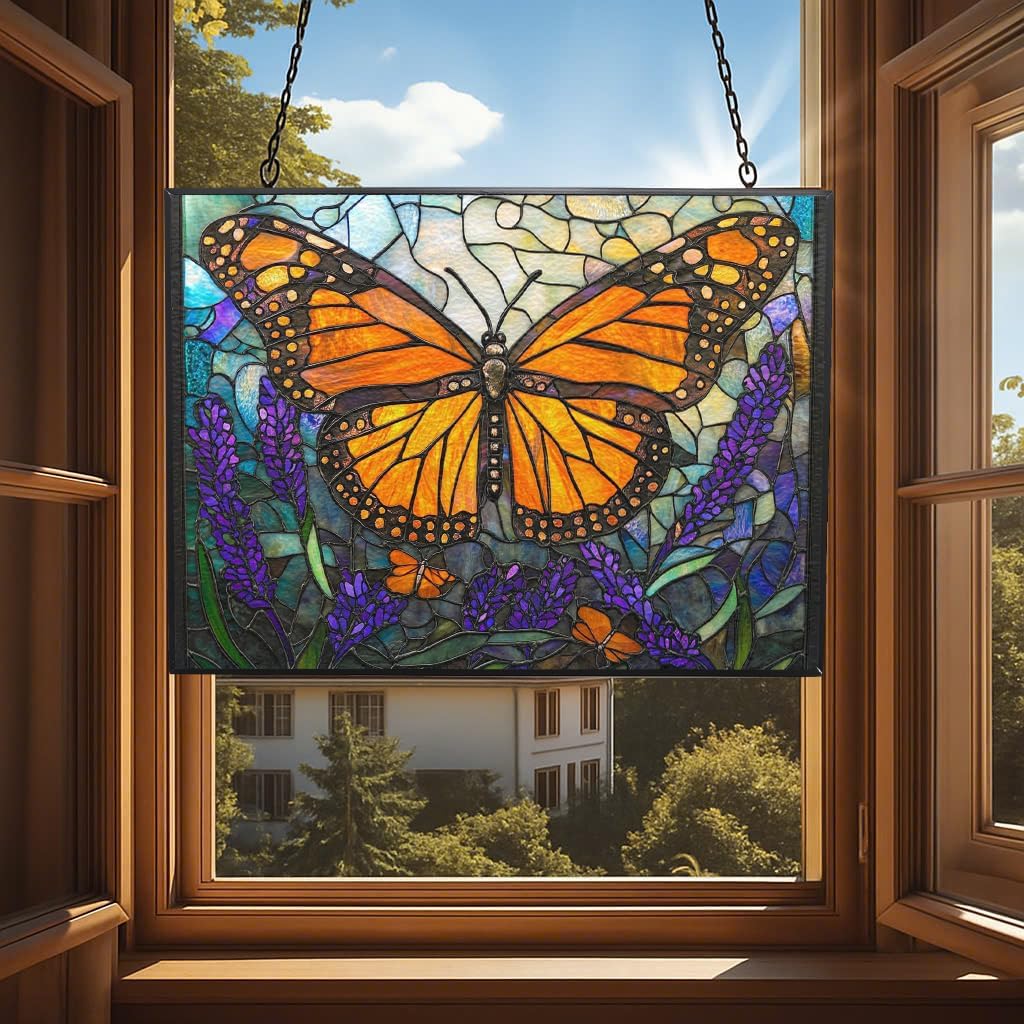 Personalized Rectangle Art Nouveau Monarch Over Lavender Stained Glass Suncatcher Stained Glass