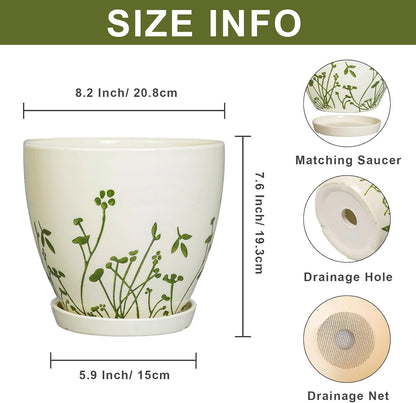 Indoor Plant Pot 8.2 Inch - Ceramic Planter with Drainage Hole and Saucer, Boho Round Decorative