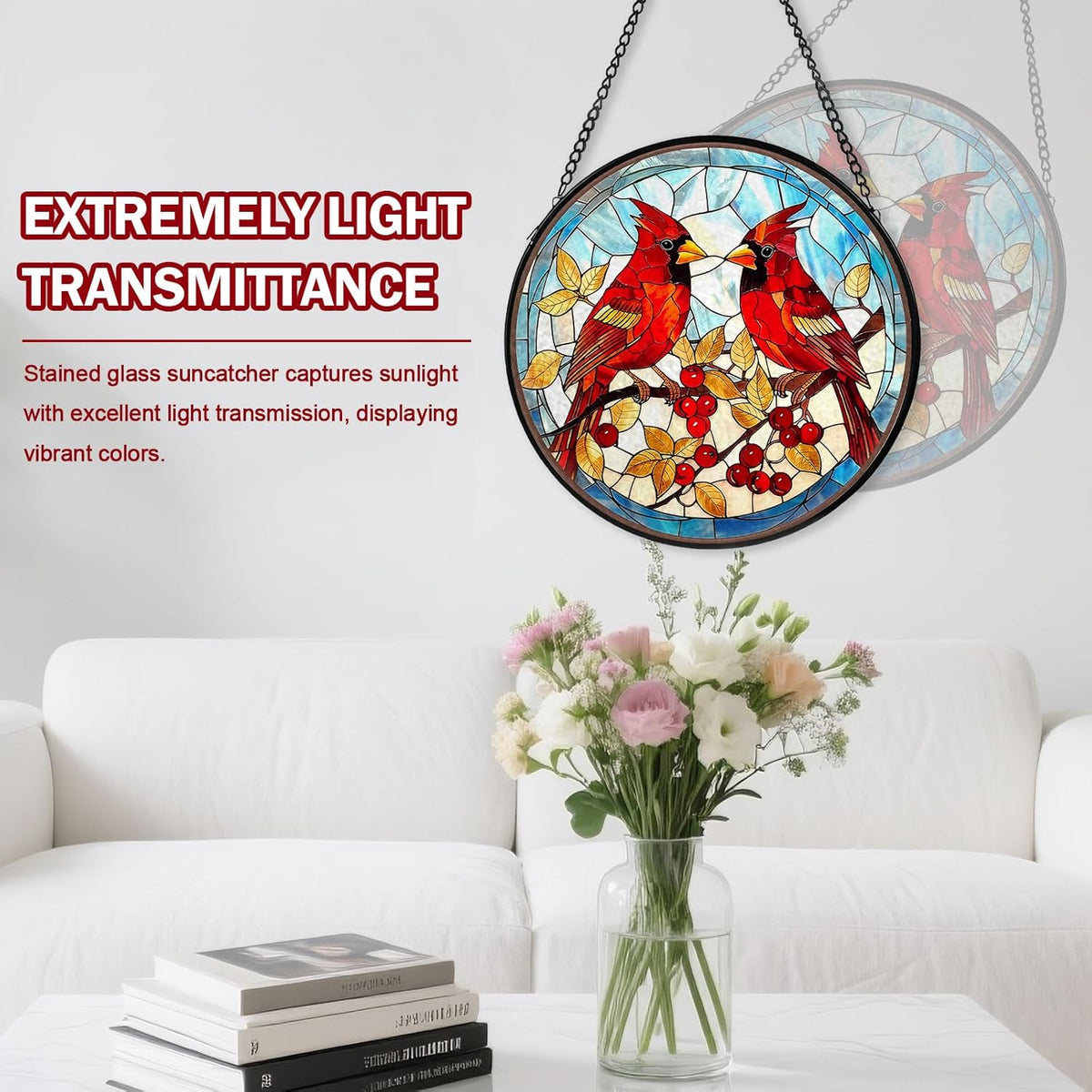Red Cardinal Stained Glass Window Hanging, Hummingbird Suncatcher Diamond Glass Panel Hangings