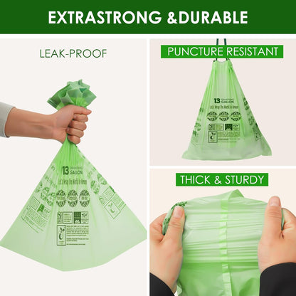 10-13 Gallon Compostable Trash Bags with Drawstring, Heavy Duty Extra Thick 1 Mil, 49.21 Liter