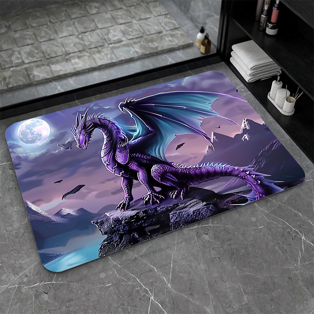 Bath Mat-Bathroom Rug，Purple Dragon with Blue Wings-Absorbent Non Slip Quick Dry Stain Resistant