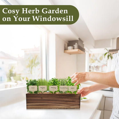 5 Herb Garden Planter Indoor with Wooden Box, Home Kitchen Seed Starter Kit Including Basil, Thyme