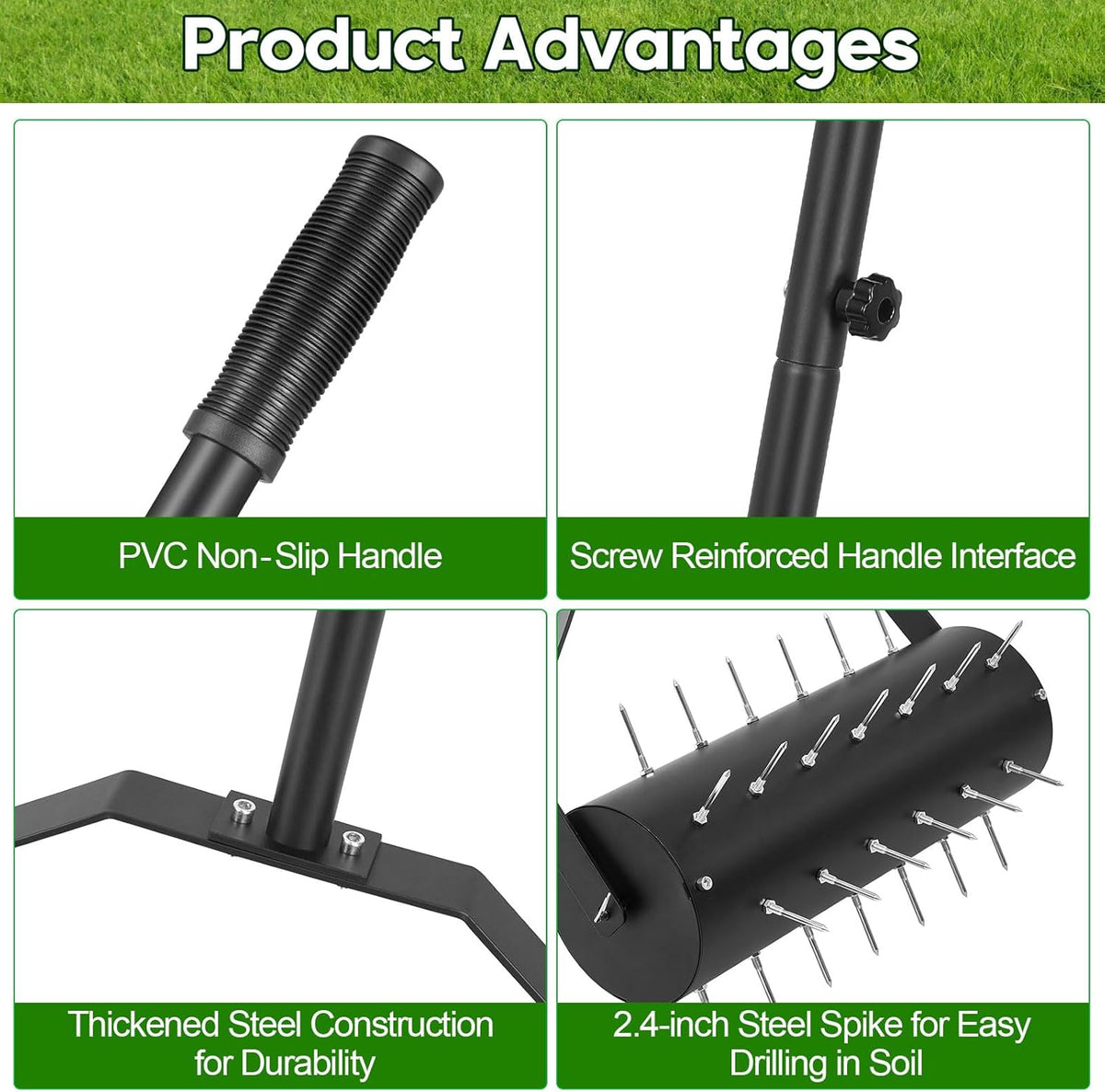 18-inch Rolling Lawn Aerator Tool, 50"-70" Handle Heavy Duty Spike Aerator with Sandbag, 40 Iron