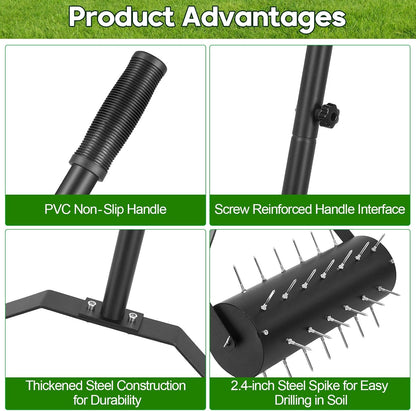 18-inch Rolling Lawn Aerator Tool, 50"-70" Handle Heavy Duty Spike Aerator with Sandbag, 40 Iron