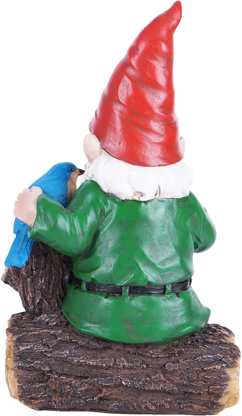 Garden Gnome Statues with Bird Resin Sculpture Gnome Sitting on The Stump Outdoor Statues for