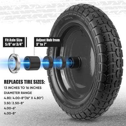 TICONN 4.80/4.00-8 Tire, 16" Flat Free Wheelbarrow Tire and Wheel, Solid Replacement Tires with 3"
