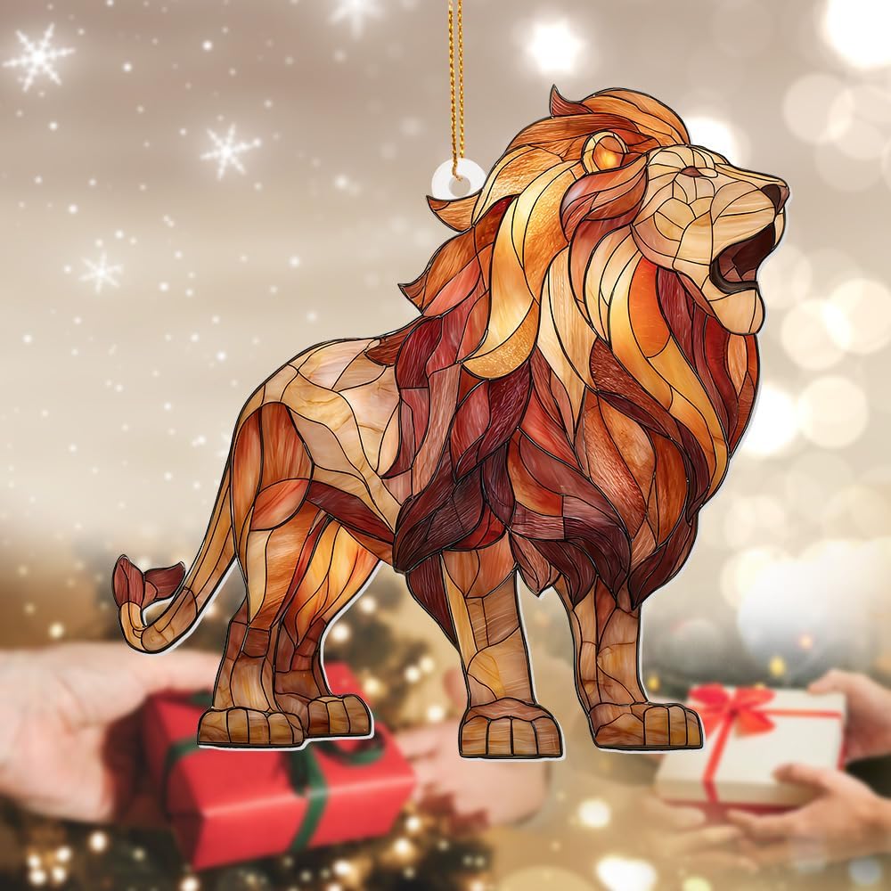 Lion Stained Glass Ornament Acrylic Window Hanging Sun Catcher – Wildlife Animal Decor for