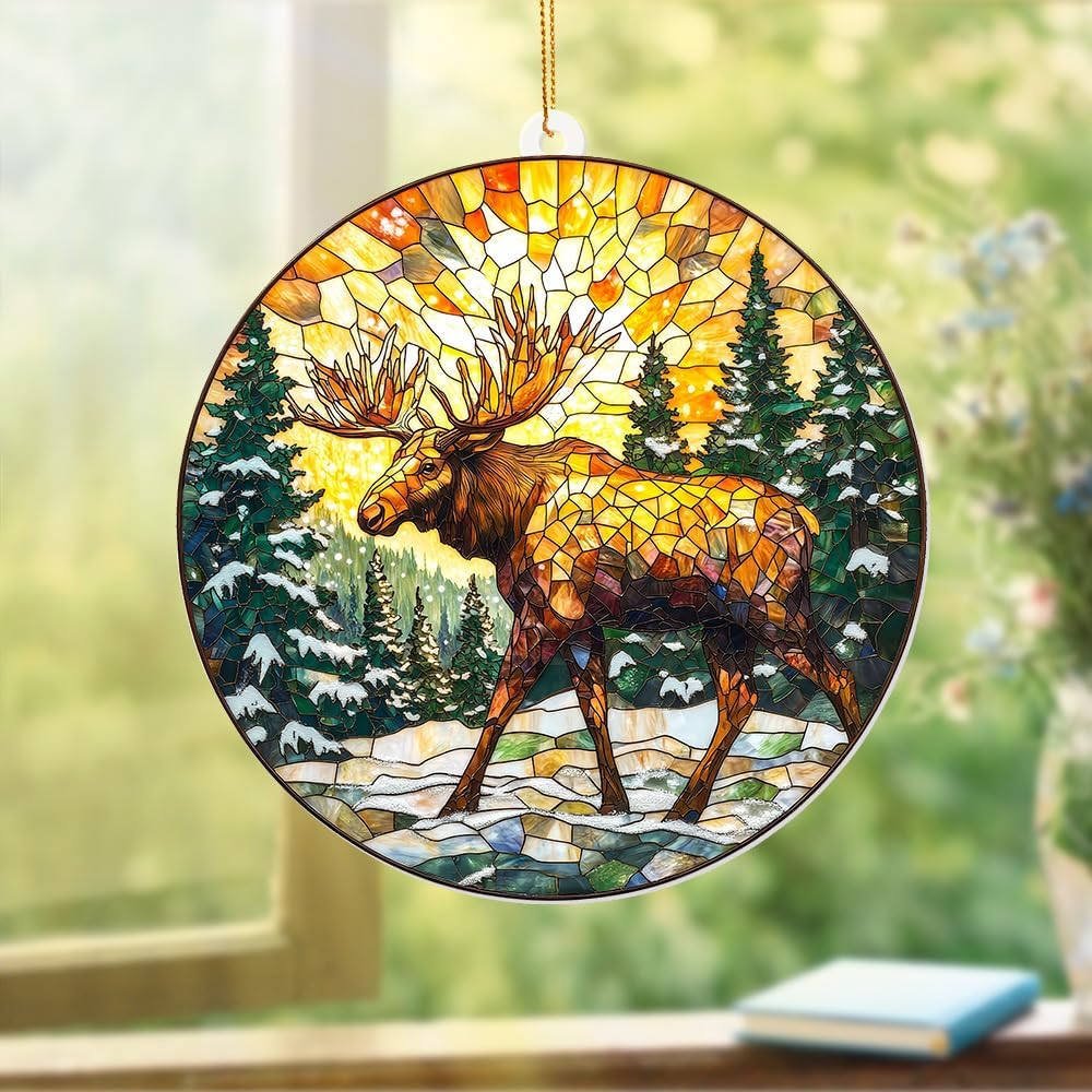 Stained Glass Style Acrylic Moose Ornament 2025 - Rustic Cabin Christmas Tree Ornament, Wildlife