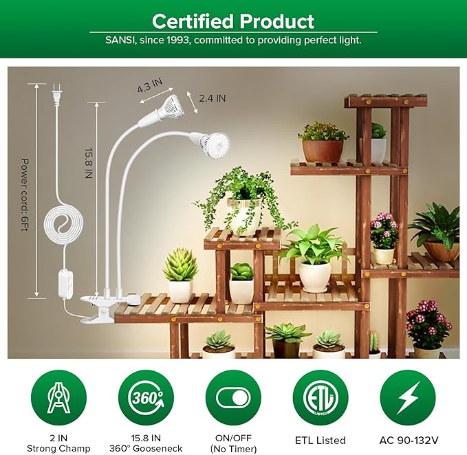 SANSI LED Grow Lights for Indoor Plants, 300W Full Spectrum Clip-on Gooseneck Grow Light with