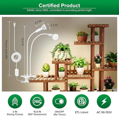 SANSI LED Grow Lights for Indoor Plants, 300W Full Spectrum Clip-on Gooseneck Grow Light with