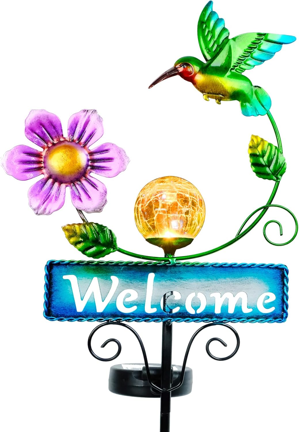 Outdoor Solar Garden Lights with Welcome Sign, Hummingbird Ornament Metal Stake Lights for Lawn