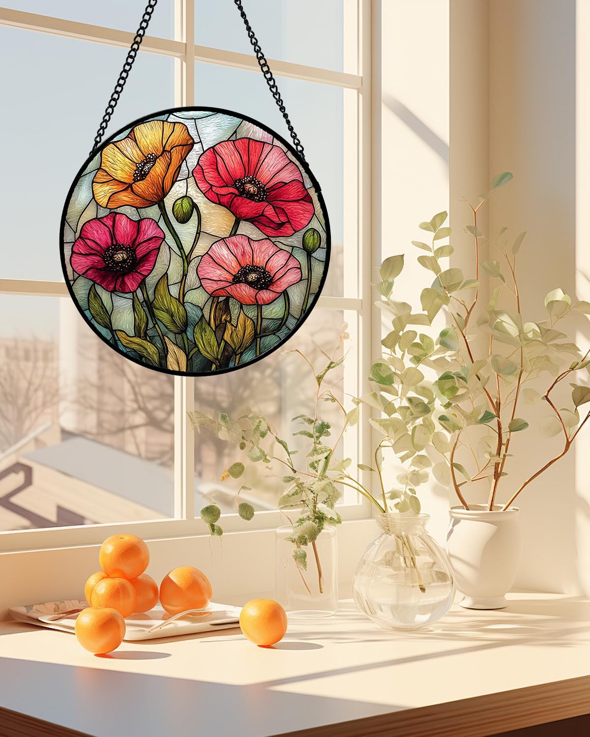 Stained Glass Window Hanging, Red Orange Poppy Birth Flowers Sun Catcher for Door Garden Yard Decor