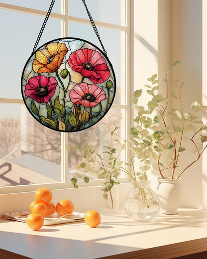 Stained Glass Window Hanging, Red Orange Poppy Birth Flowers Sun Catcher for Door Garden Yard Decor
