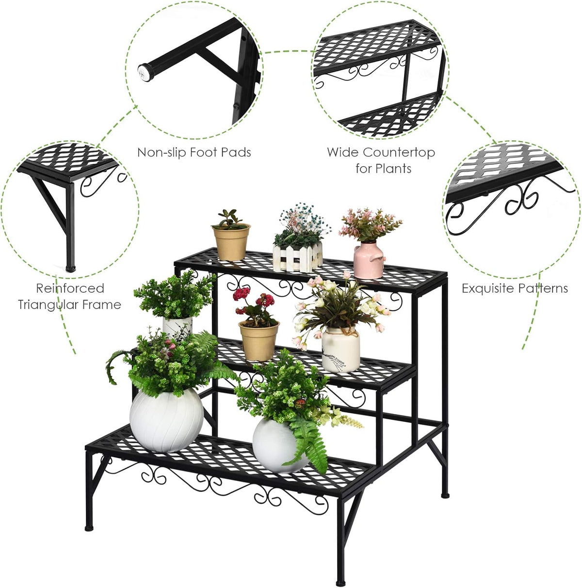Giantex 3 Tiers Black Metal Plant Stand, Metal Plant Shelf Stands w/ 6-9 Flower Potted Capacity