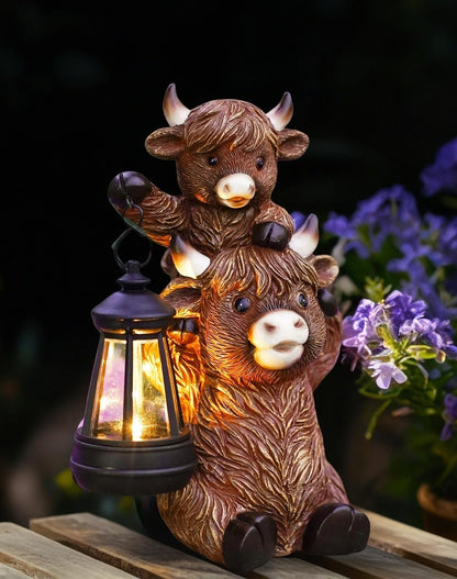 Solar Highland Cow Garden Decor - Resin Cow Statue with Solar Lantern Outdoor Yard Patio Decor