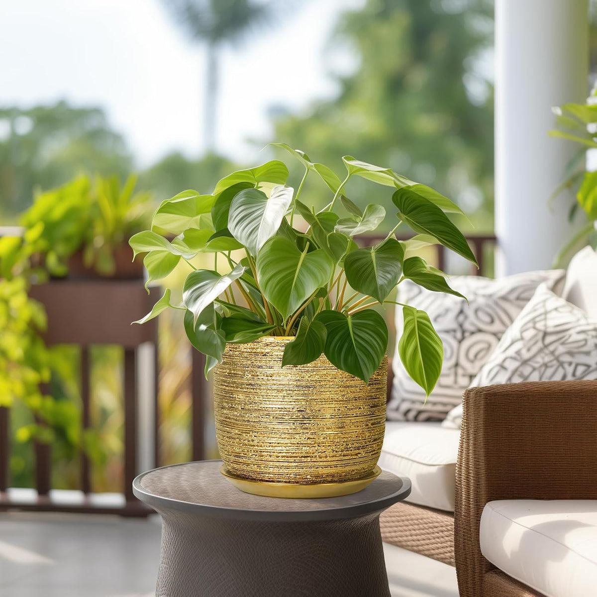 8 Inch Plant Pot - Ceramic Planter with Drainage Hole and Saucer, Modern Round Planter for Indoor