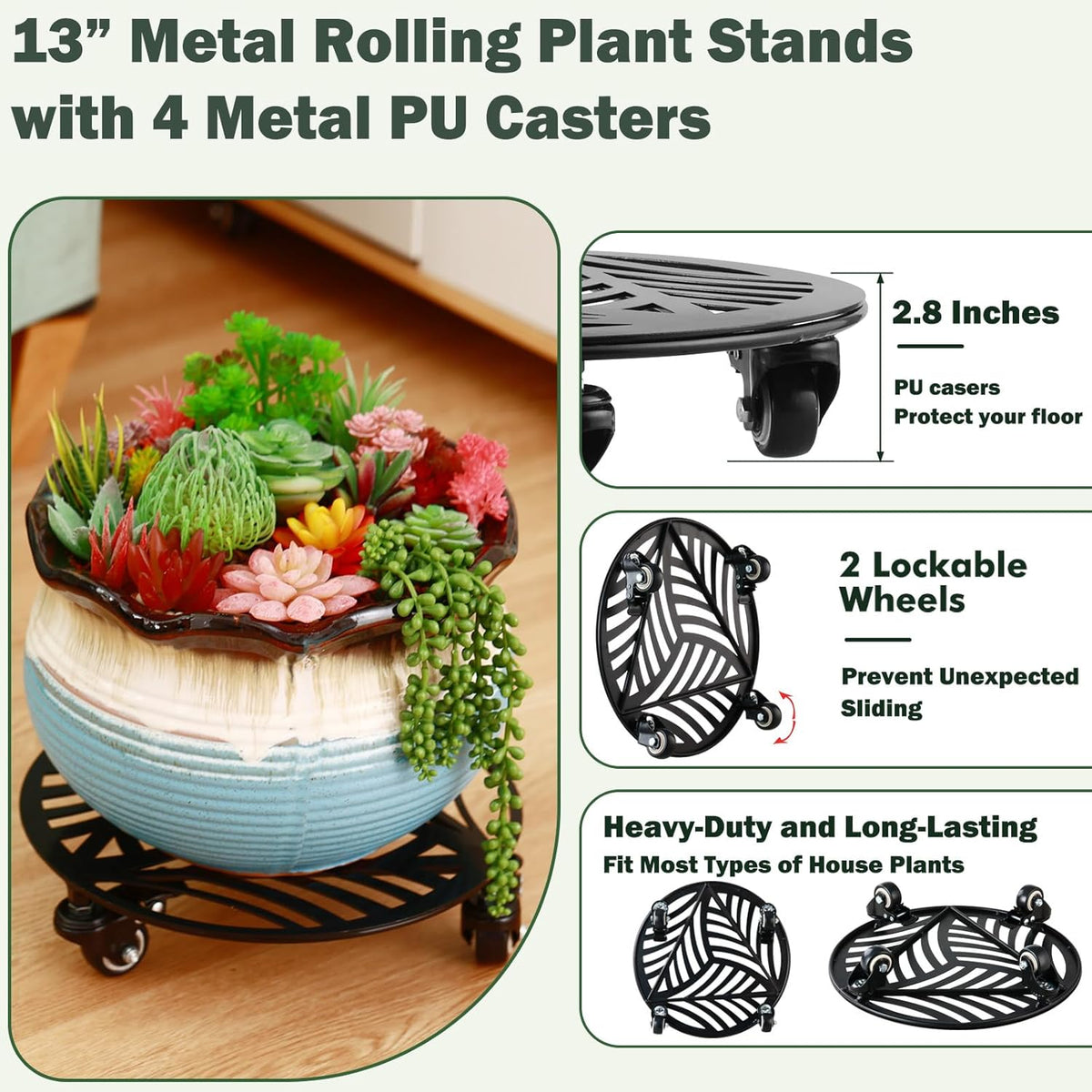 3 Packs Large Metal Plant Caddy with Wheels 13 Inches Heavy-duty Wrought Iron Rolling Plant Stands