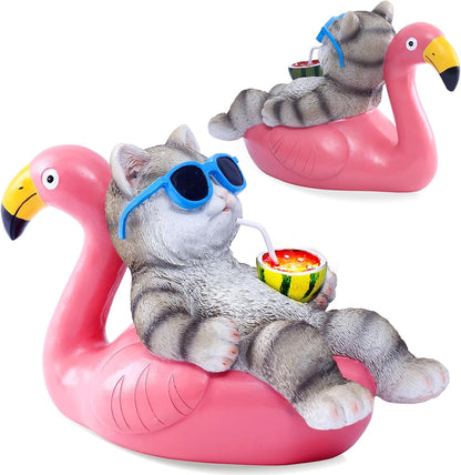 Nacome Cat Lying Flamingo for Garden Statue: Solar Outdoor Decor Figurine for Clearance Outside