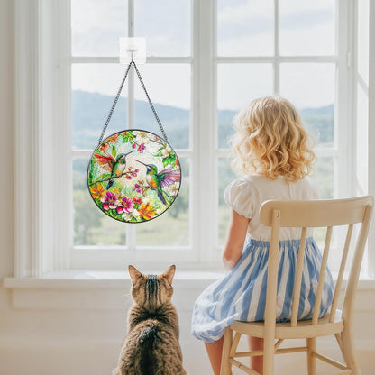 Suncatcher Stained Glass Window Hanging - Hummingbird Glass Panel with Metal Chain and Hooks