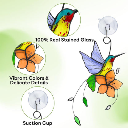 Handmade Stained Glass Hummingbird Suncatcher, Lavender-Purple Bird with Peach-Fuzz Flower Window