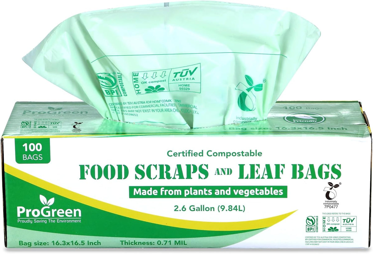 ProGreen Compostable Trash Bags 2.6 Gallon, 100 Count, Extra Thick 0.71 Mil, Small Compost Kitchen