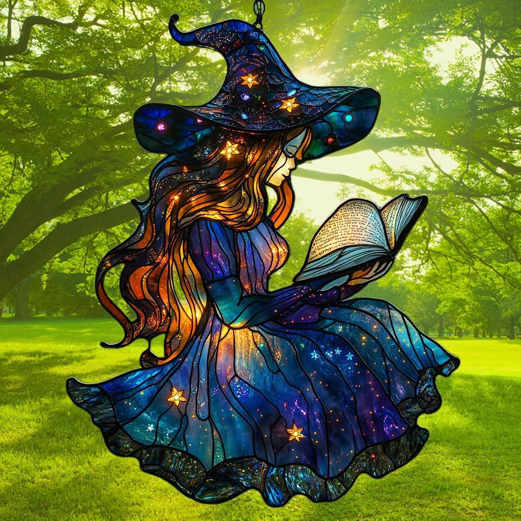 Cute Wizard Reading Books Acrylic Suncatcher Stained Glass Effect Window Car Hanging Christmas