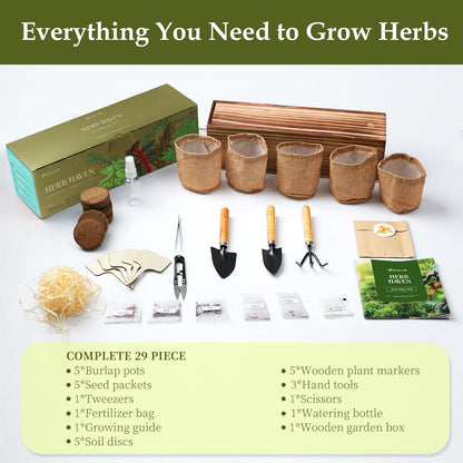 5 Herb Garden Planter Indoor with Wooden Box, Home Kitchen Seed Starter Kit Including Basil, Thyme