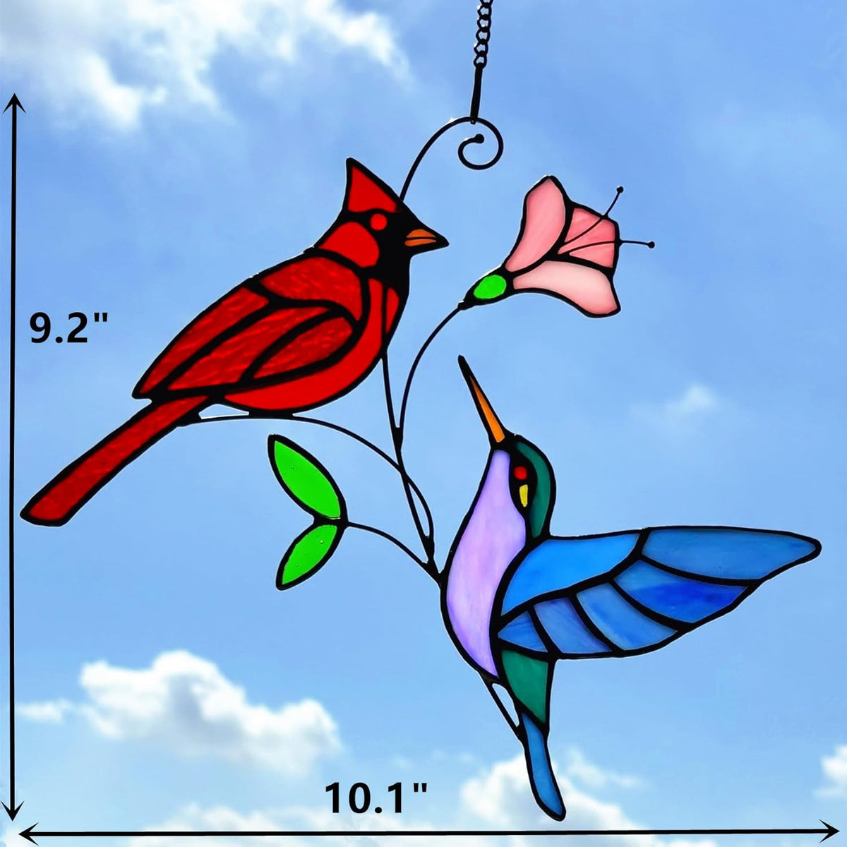 Stained Glass Red Cardinal with Hummingbird Suncatcher Window Hanging Ornament, Stain Glass Birds