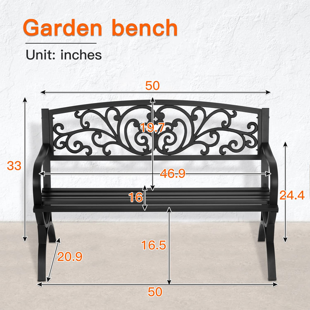 Patio Garden Bench 50 inch Outdoor Metal Loveseat Chairs with Armrests Slatted Seat and w/Floral