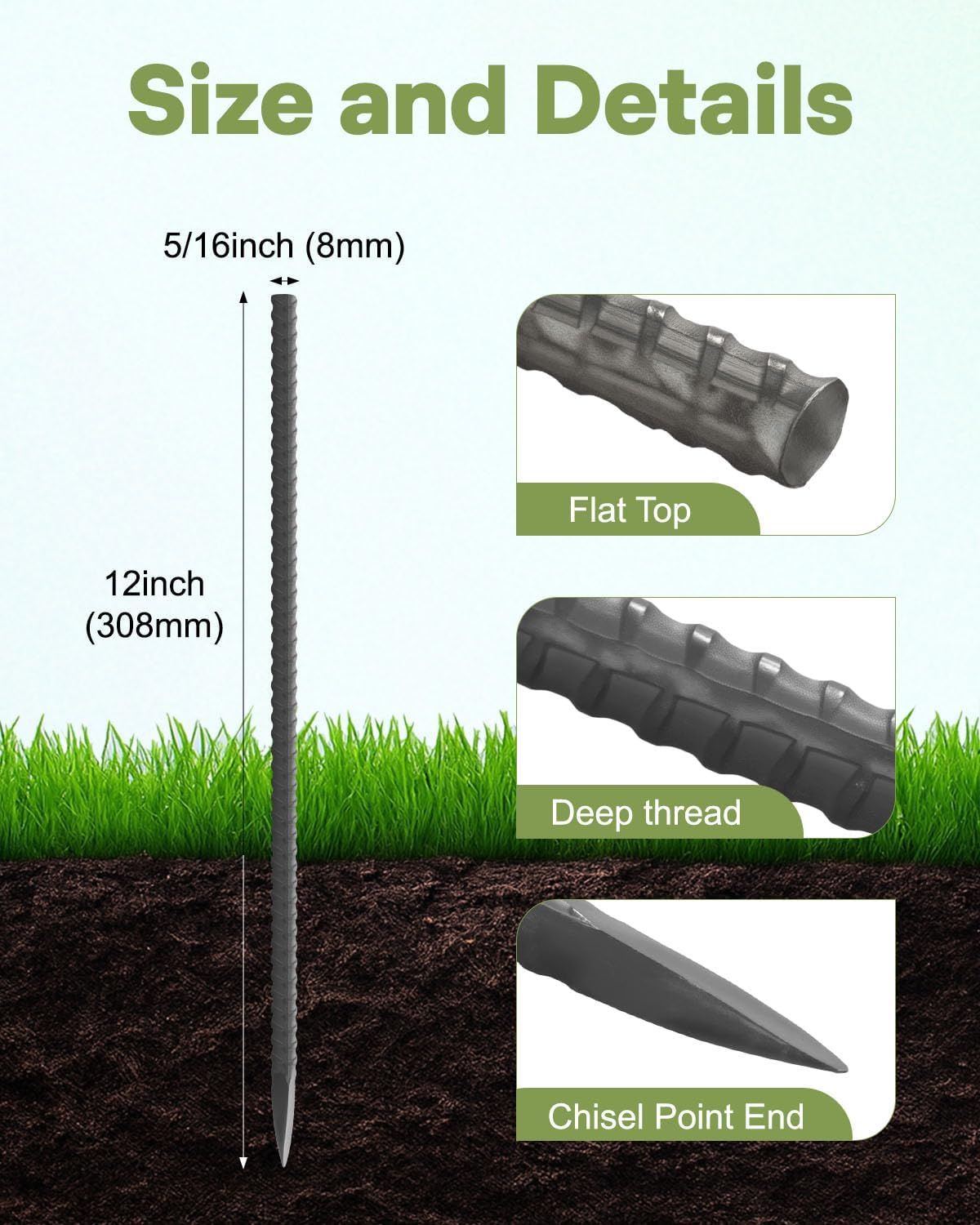 50 Pcs 12 Inch Ground Rebar Stakes, Heavy Duty 5/16'' Diameter Metal Spikes for Fence Tent Timber