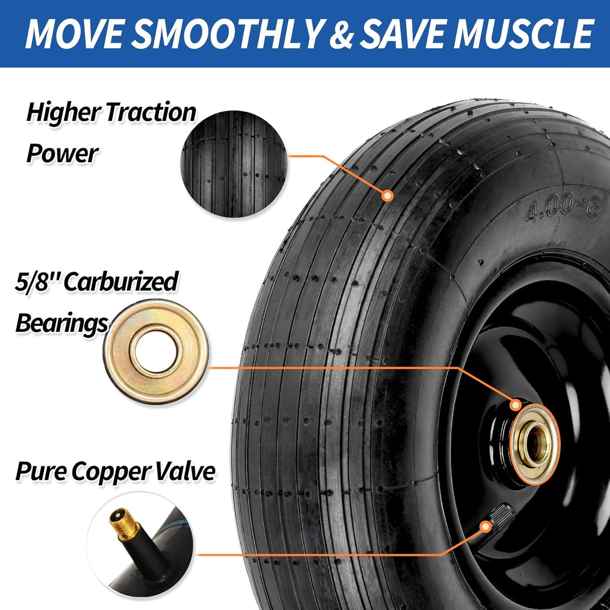 4.00-6 Tire and Wheel, 13" Wheelbarrow Pneumatic Tire, 5/8" & 3/4" Bearings, 1.75-6" Centered